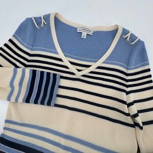 St John Sport Striped V Neck Knit Sweater Ribbed‎ Blue Cream Navy Metallic Small